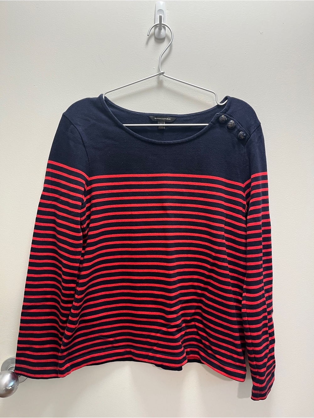 Banana Republic Navy and Red Striped Boatneck Top with Shoulder Buttons